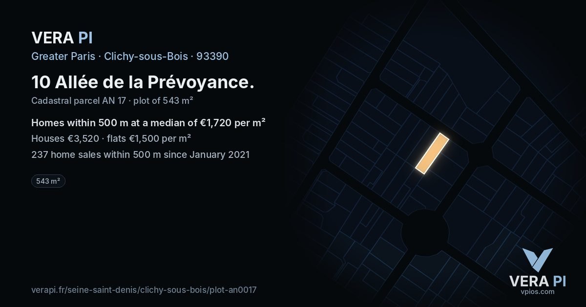 10 Allée de la Prévoyance, Clichy-sous-Bois at night – the plot lit, the parcels around coloured by the prices near them