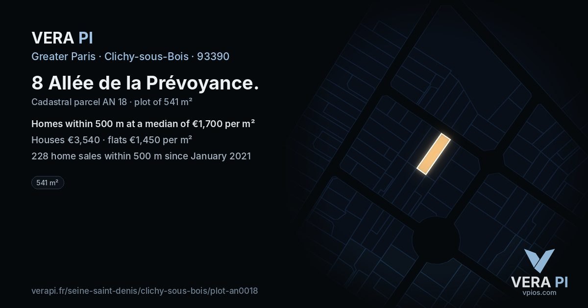 8 Allée de la Prévoyance, Clichy-sous-Bois at night – the plot lit, the parcels around coloured by the prices near them
