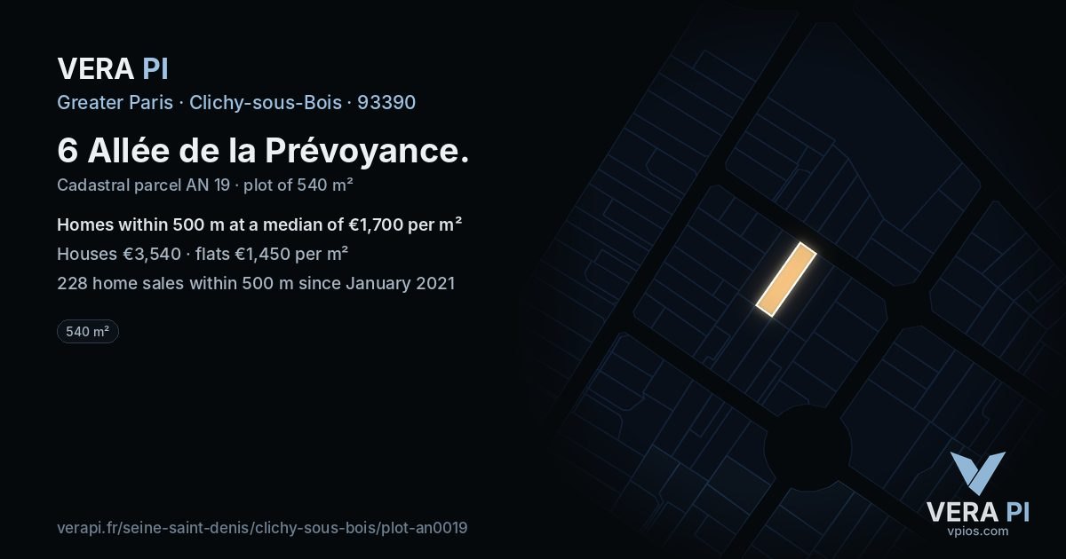 6 Allée de la Prévoyance, Clichy-sous-Bois at night – the plot lit, the parcels around coloured by the prices near them