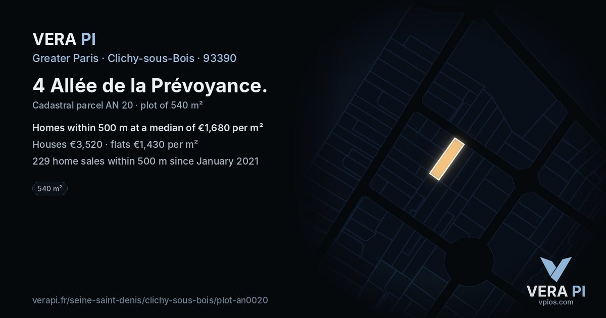 4 Allée de la Prévoyance, Clichy-sous-Bois at night – the plot lit, the parcels around coloured by the prices near them