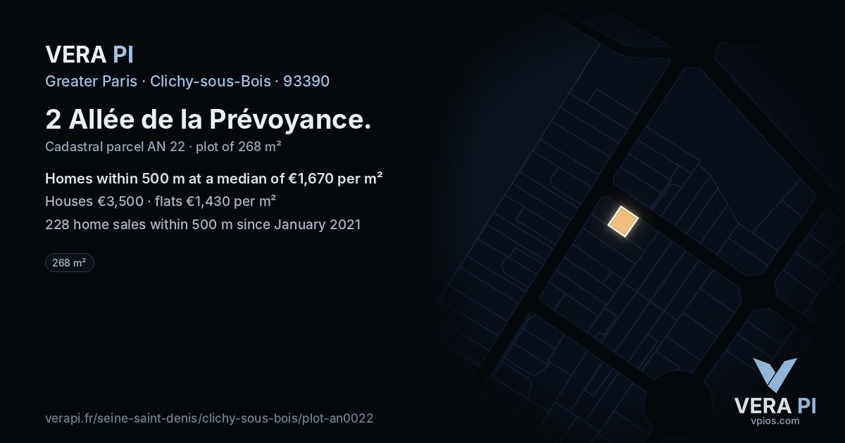 2 Allée de la Prévoyance, Clichy-sous-Bois at night – the plot lit, the parcels around coloured by the prices near them