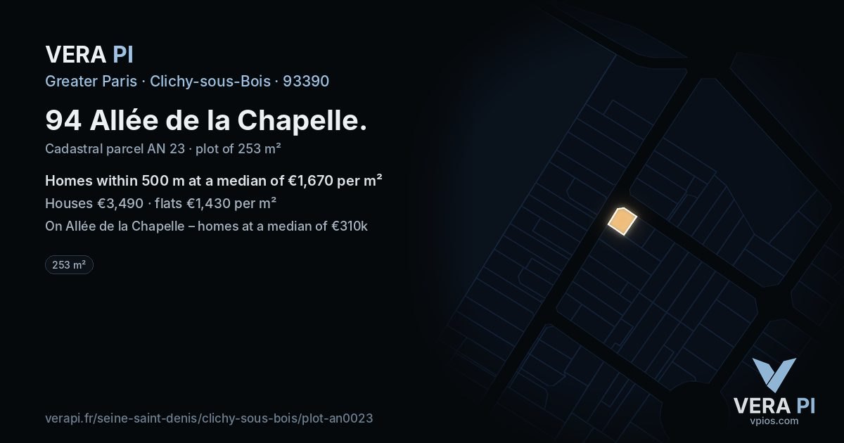 94 Allée de la Chapelle, Clichy-sous-Bois at night – the plot lit, the parcels around coloured by the prices near them