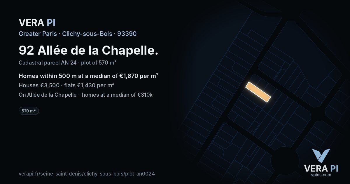 92 Allée de la Chapelle, Clichy-sous-Bois at night – the plot lit, the parcels around coloured by the prices near them