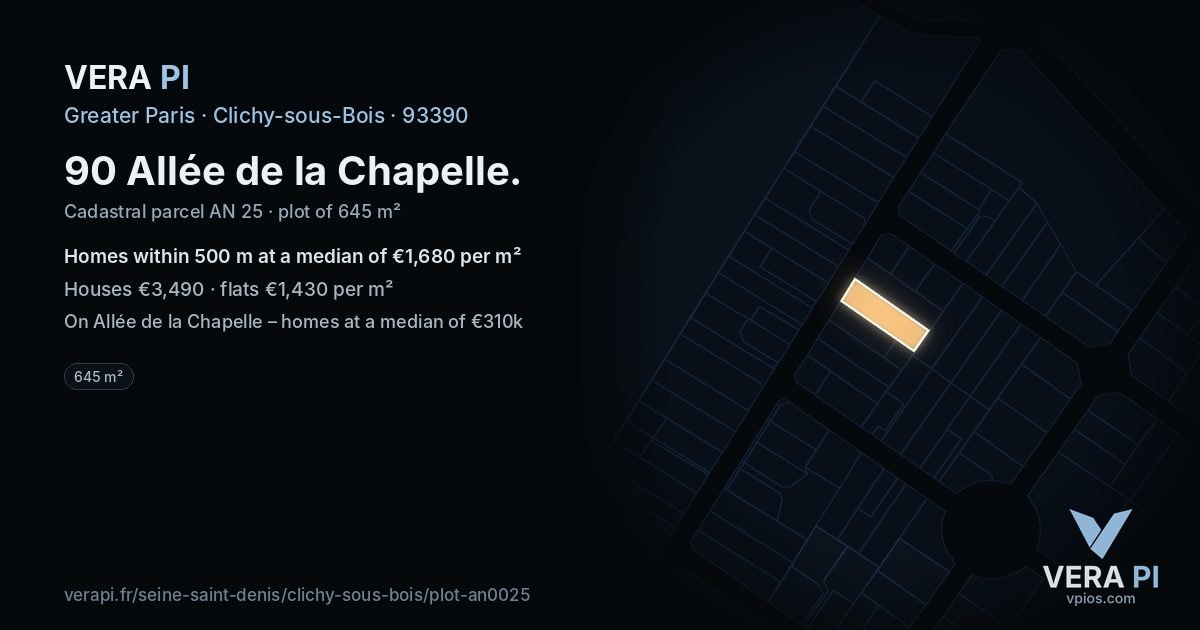 90 Allée de la Chapelle, Clichy-sous-Bois at night – the plot lit, the parcels around coloured by the prices near them