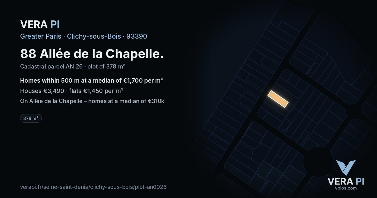 88 Allée de la Chapelle, Clichy-sous-Bois at night – the plot lit, the parcels around coloured by the prices near them