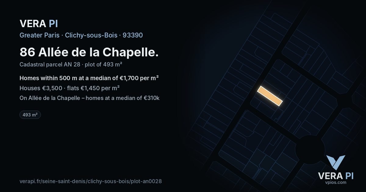86 Allée de la Chapelle, Clichy-sous-Bois at night – the plot lit, the parcels around coloured by the prices near them