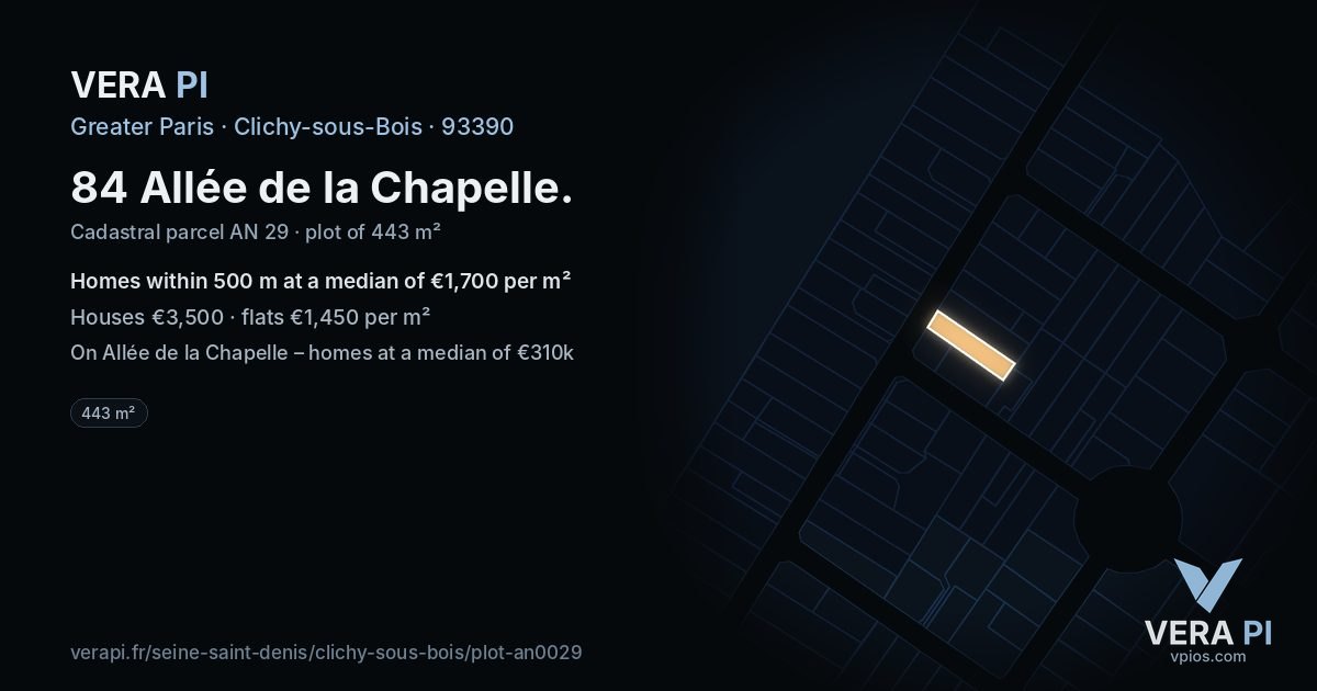 84 Allée de la Chapelle, Clichy-sous-Bois at night – the plot lit, the parcels around coloured by the prices near them