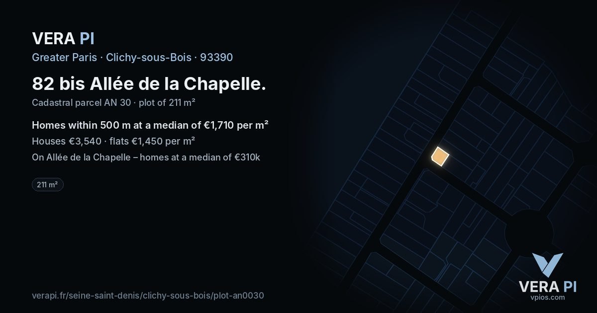 82 bis Allée de la Chapelle, Clichy-sous-Bois at night – the plot lit, the parcels around coloured by the prices near them