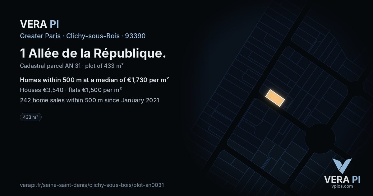 1 Allée de la République, Clichy-sous-Bois at night – the plot lit, the parcels around coloured by the prices near them