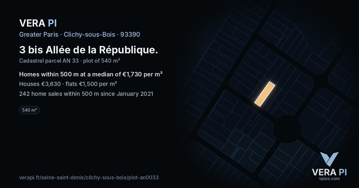3 bis Allée de la République, Clichy-sous-Bois at night – the plot lit, the parcels around coloured by the prices near them