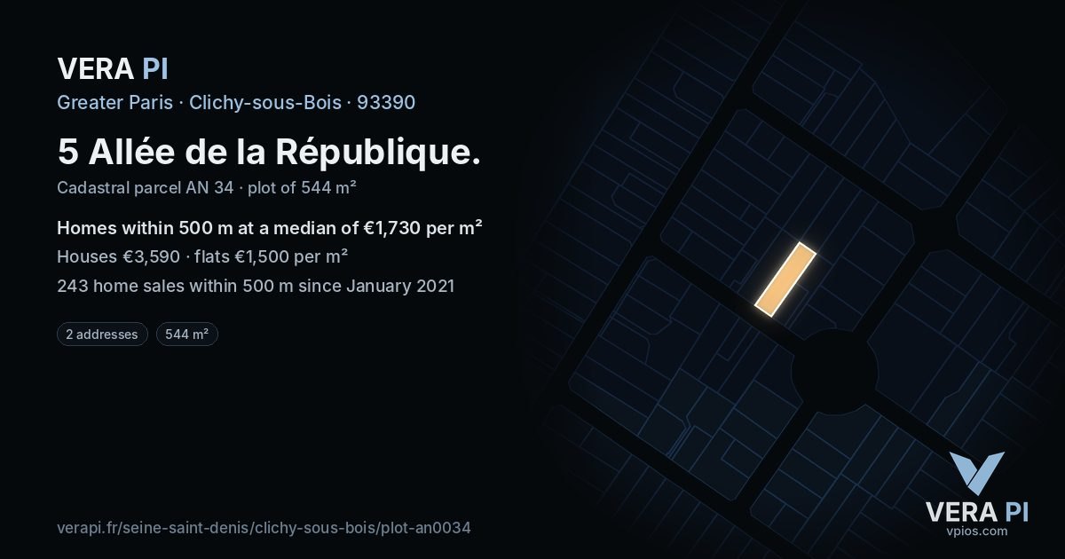 5 Allée de la République, Clichy-sous-Bois at night – the plot lit, the parcels around coloured by the prices near them