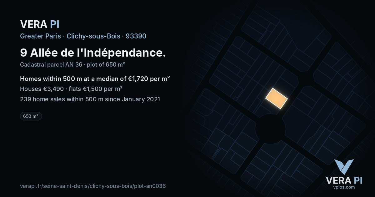 9 Allée de l'Indépendance, Clichy-sous-Bois at night – the plot lit, the parcels around coloured by the prices near them