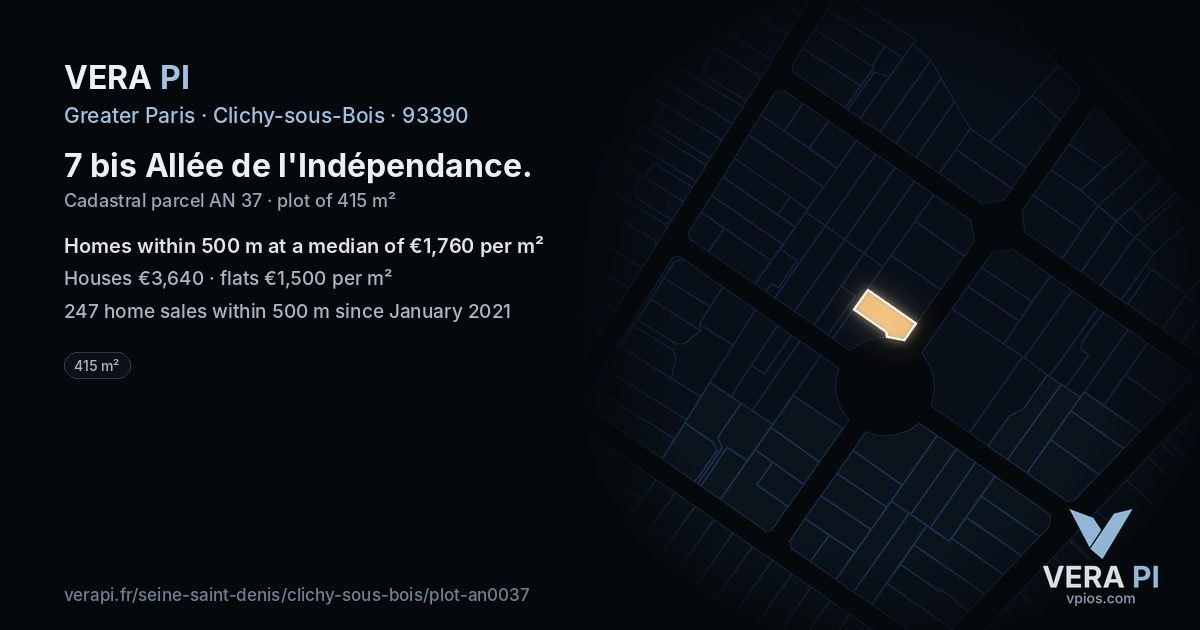 7 bis Allée de l'Indépendance, Clichy-sous-Bois at night – the plot lit, the parcels around coloured by the prices near them