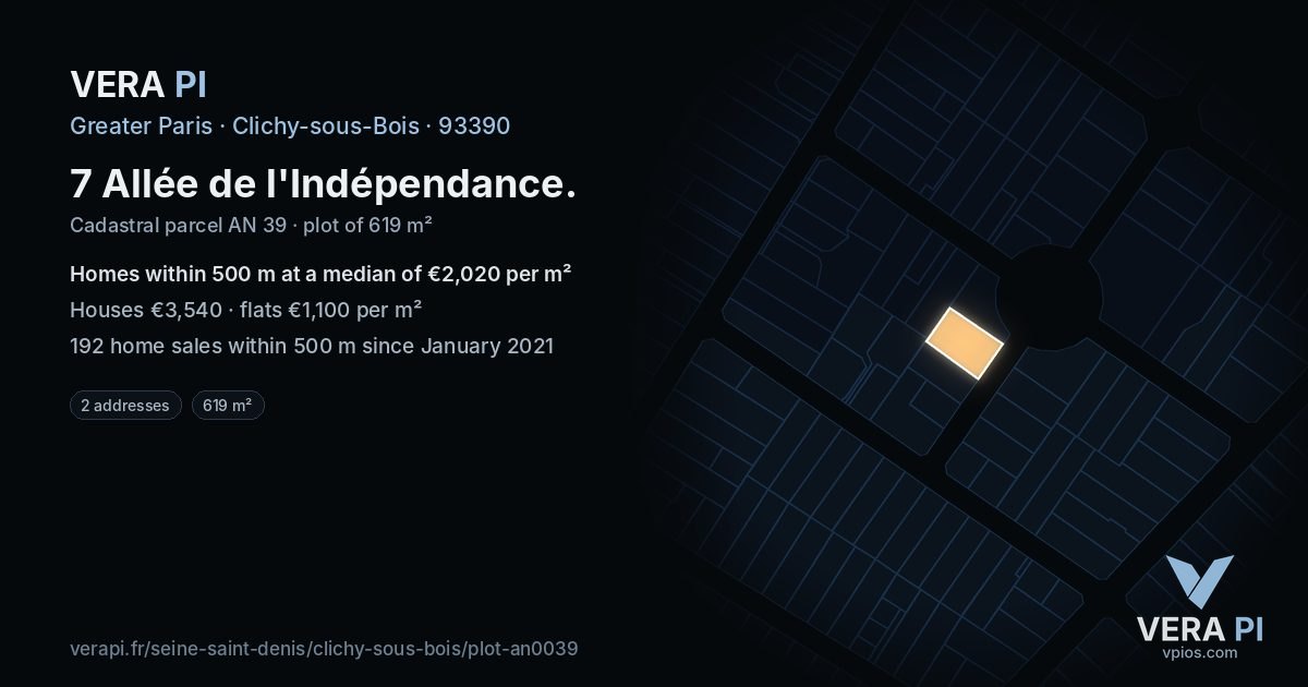 7 Allée de l'Indépendance, Clichy-sous-Bois at night – the plot lit, the parcels around coloured by the prices near them