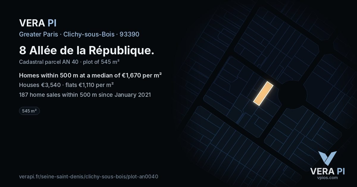8 Allée de la République, Clichy-sous-Bois at night – the plot lit, the parcels around coloured by the prices near them