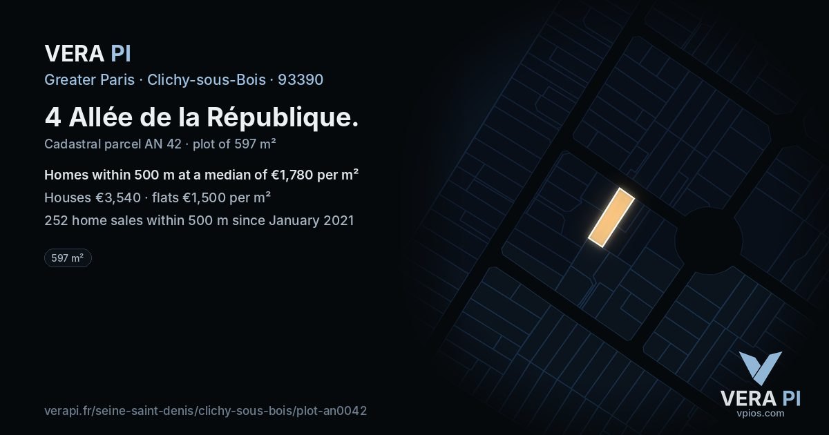 4 Allée de la République, Clichy-sous-Bois at night – the plot lit, the parcels around coloured by the prices near them