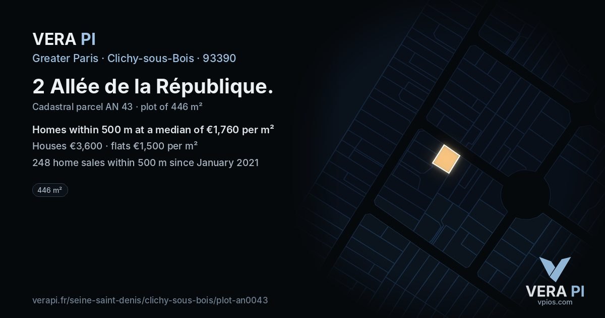 2 Allée de la République, Clichy-sous-Bois at night – the plot lit, the parcels around coloured by the prices near them