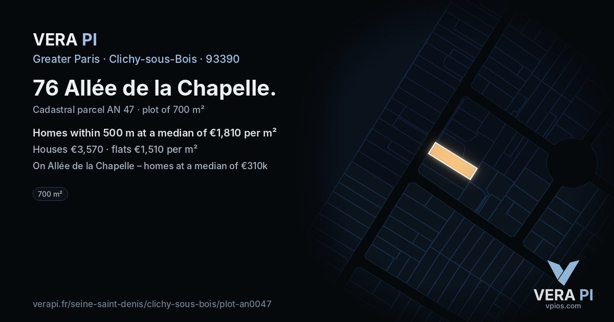 76 Allée de la Chapelle, Clichy-sous-Bois at night – the plot lit, the parcels around coloured by the prices near them
