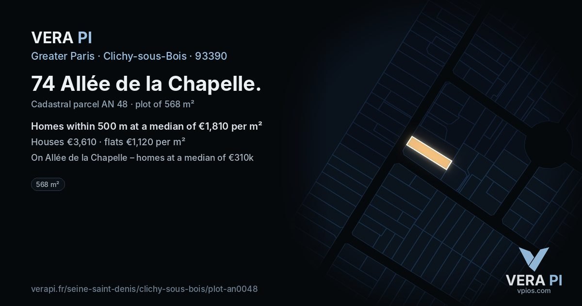74 Allée de la Chapelle, Clichy-sous-Bois at night – the plot lit, the parcels around coloured by the prices near them