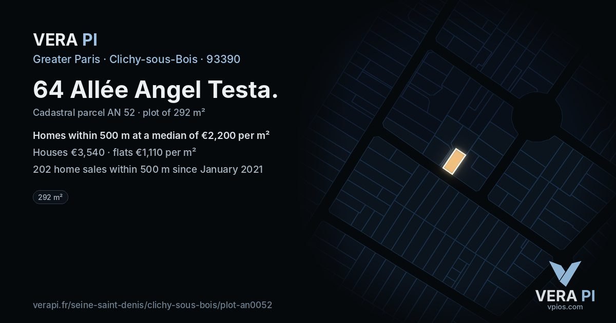 64 Allée Angel Testa, Clichy-sous-Bois at night – the plot lit, the parcels around coloured by the prices near them