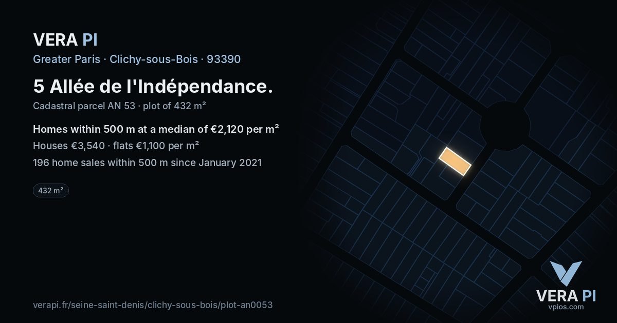 5 Allée de l'Indépendance, Clichy-sous-Bois at night – the plot lit, the parcels around coloured by the prices near them