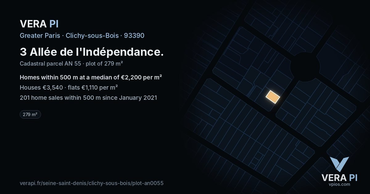 3 Allée de l'Indépendance, Clichy-sous-Bois at night – the plot lit, the parcels around coloured by the prices near them