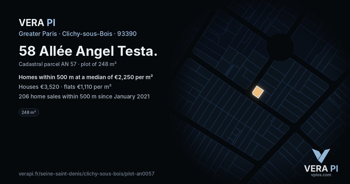 58 Allée Angel Testa, Clichy-sous-Bois at night – the plot lit, the parcels around coloured by the prices near them