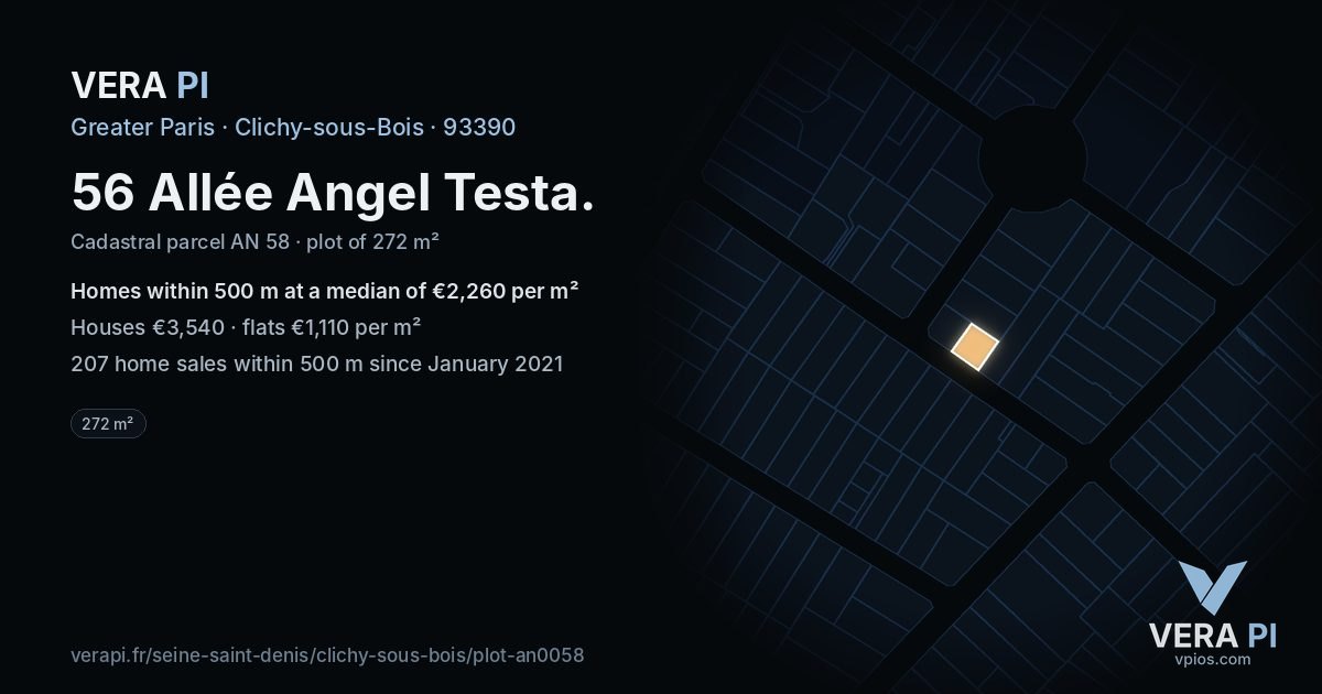 56 Allée Angel Testa, Clichy-sous-Bois at night – the plot lit, the parcels around coloured by the prices near them