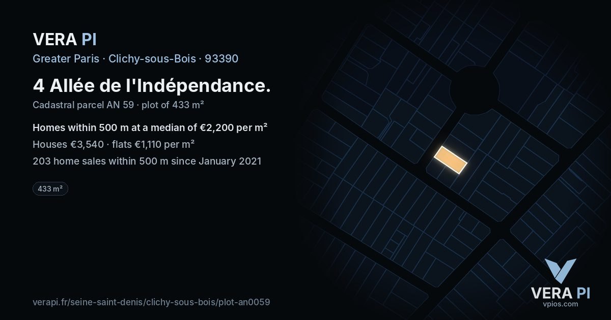 4 Allée de l'Indépendance, Clichy-sous-Bois at night – the plot lit, the parcels around coloured by the prices near them