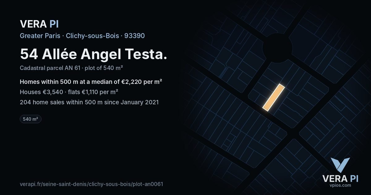 54 Allée Angel Testa, Clichy-sous-Bois at night – the plot lit, the parcels around coloured by the prices near them