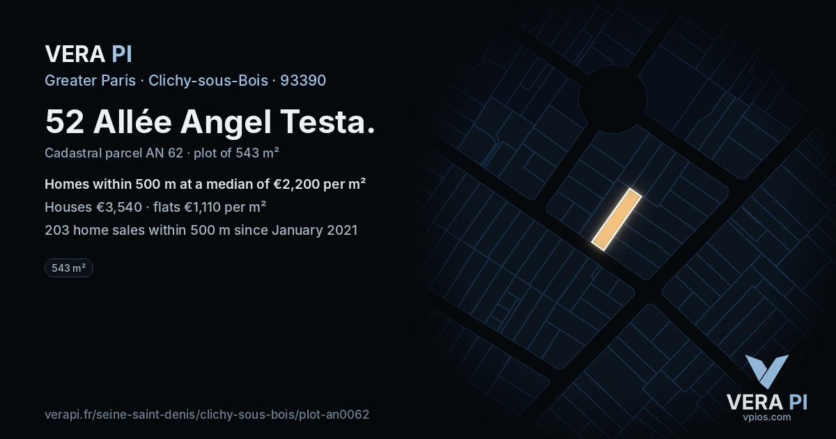 52 Allée Angel Testa, Clichy-sous-Bois at night – the plot lit, the parcels around coloured by the prices near them