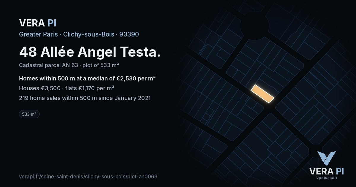 48 Allée Angel Testa, Clichy-sous-Bois at night – the plot lit, the parcels around coloured by the prices near them