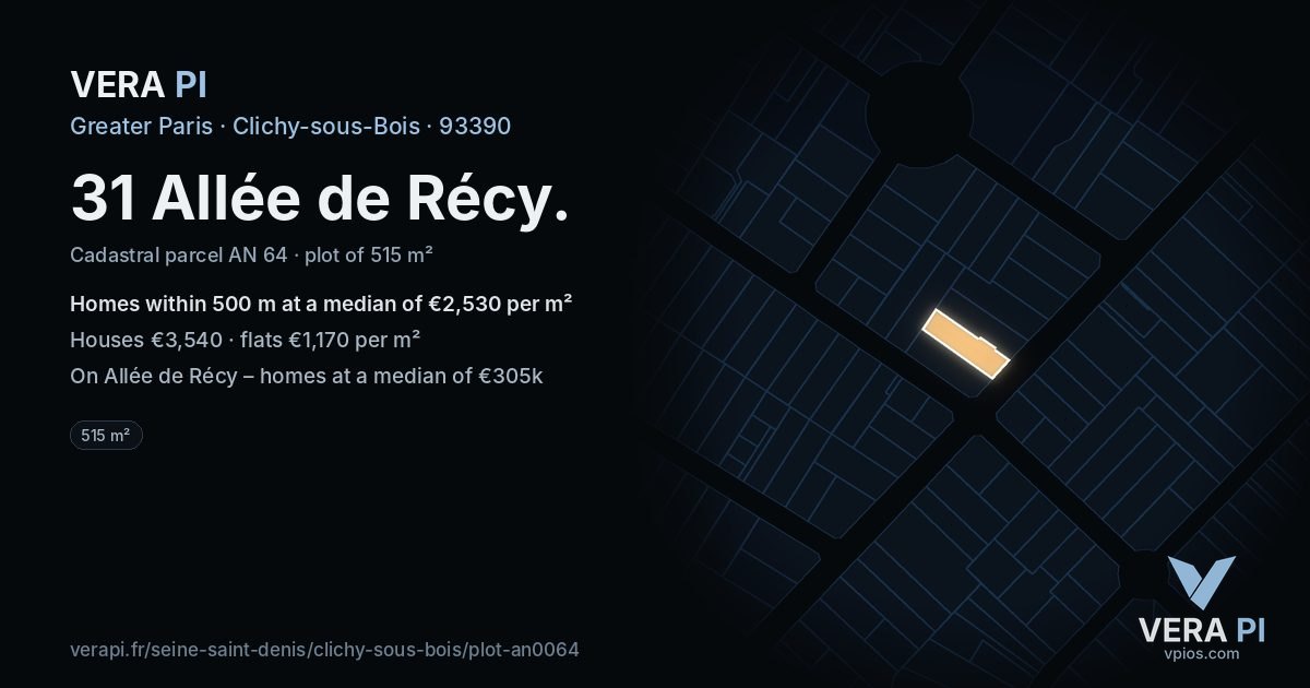 31 Allée de Récy, Clichy-sous-Bois at night – the plot lit, the parcels around coloured by the prices near them