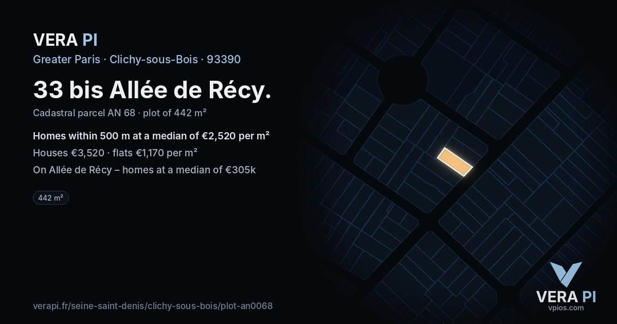 33 bis Allée de Récy, Clichy-sous-Bois at night – the plot lit, the parcels around coloured by the prices near them