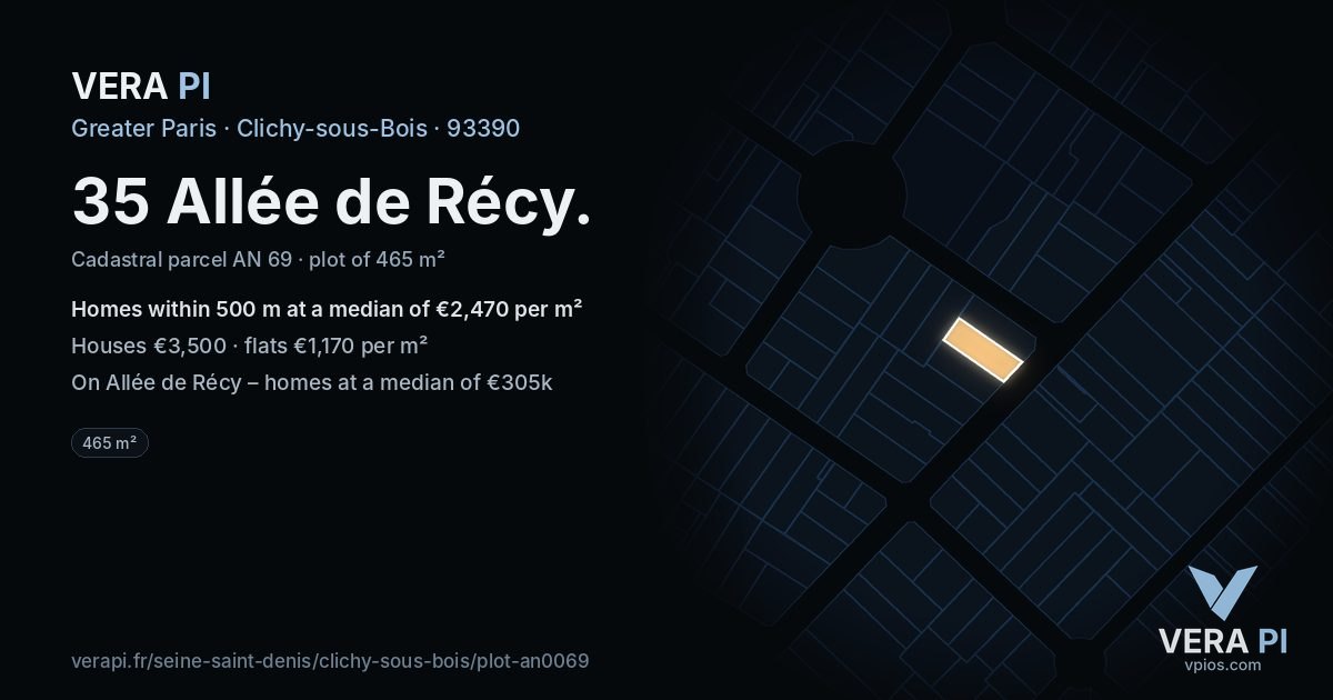35 Allée de Récy, Clichy-sous-Bois at night – the plot lit, the parcels around coloured by the prices near them