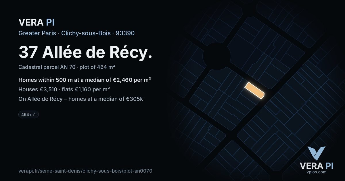37 Allée de Récy, Clichy-sous-Bois at night – the plot lit, the parcels around coloured by the prices near them