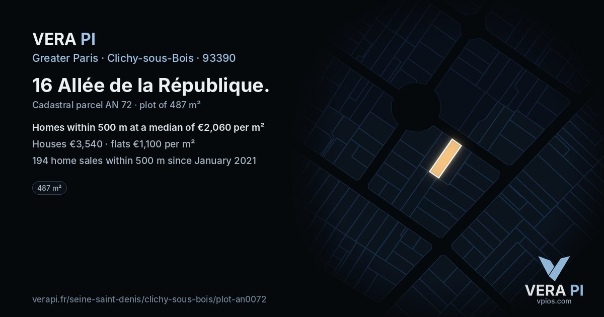 16 Allée de la République, Clichy-sous-Bois at night – the plot lit, the parcels around coloured by the prices near them