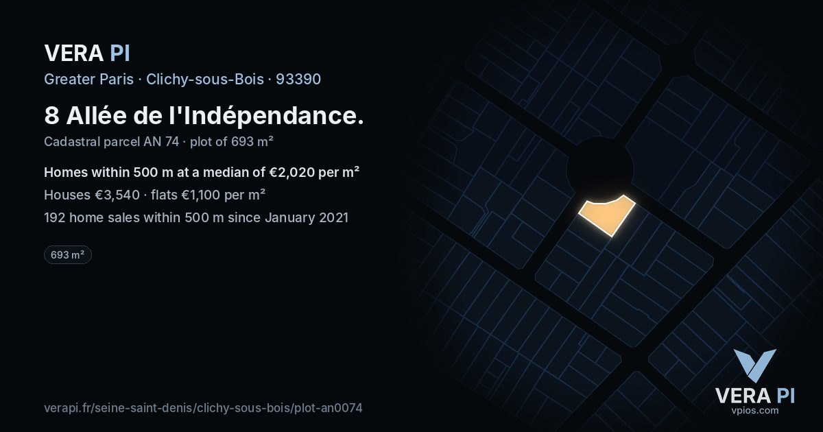 8 Allée de l'Indépendance, Clichy-sous-Bois at night – the plot lit, the parcels around coloured by the prices near them