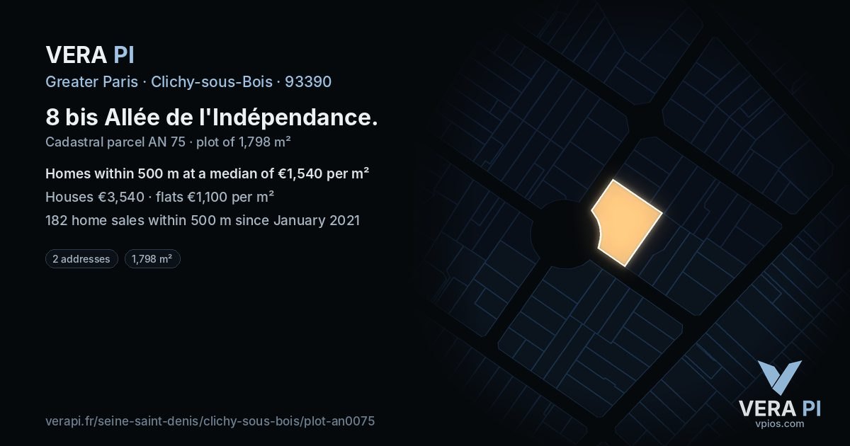 8 bis Allée de l'Indépendance, Clichy-sous-Bois at night – the plot lit, the parcels around coloured by the prices near them
