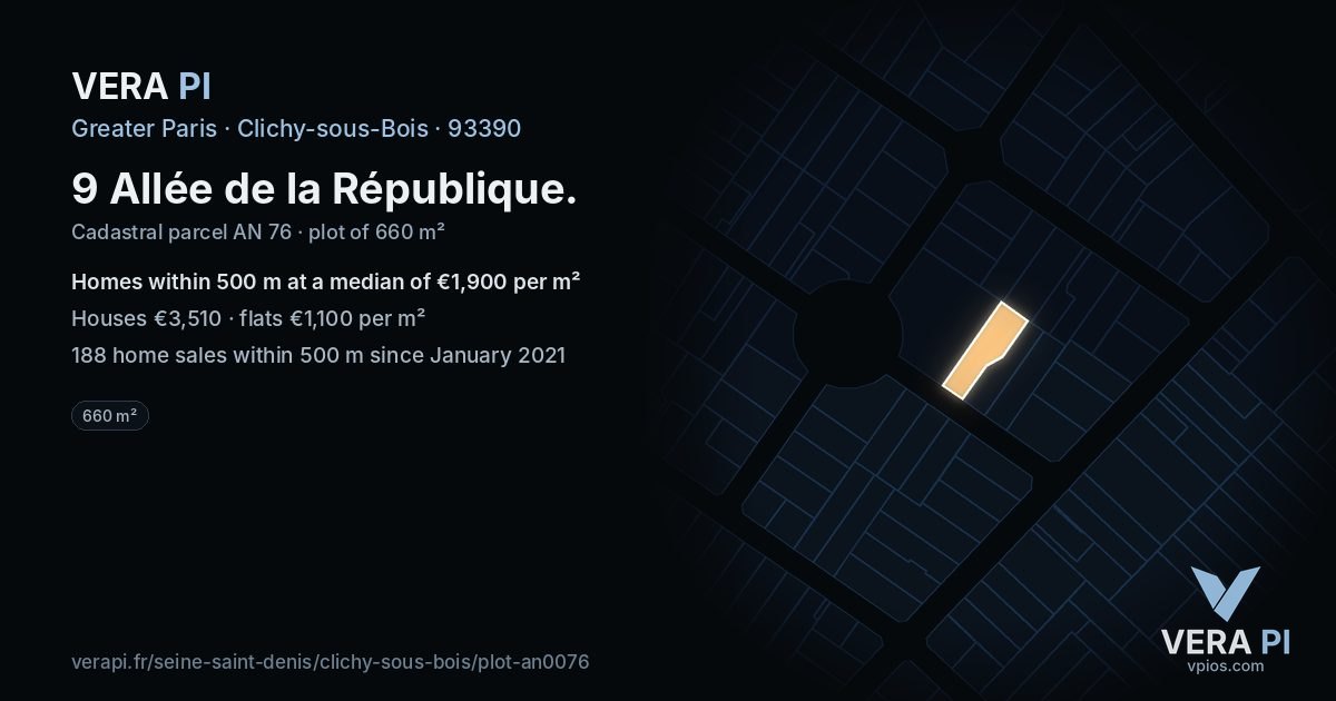 9 Allée de la République, Clichy-sous-Bois at night – the plot lit, the parcels around coloured by the prices near them