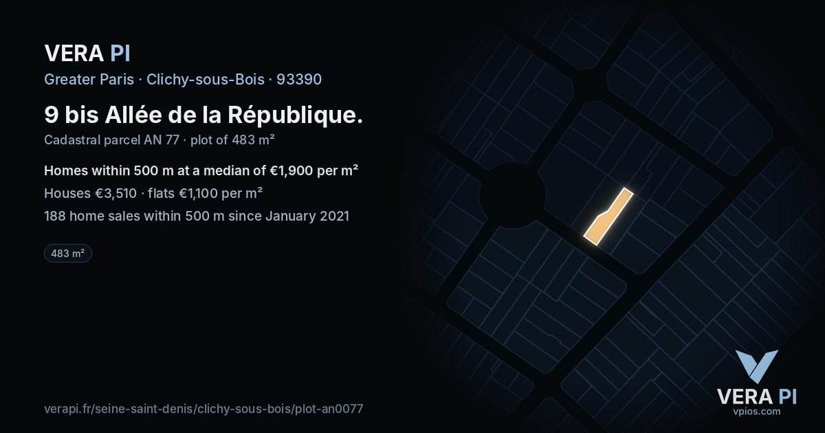 9 bis Allée de la République, Clichy-sous-Bois at night – the plot lit, the parcels around coloured by the prices near them
