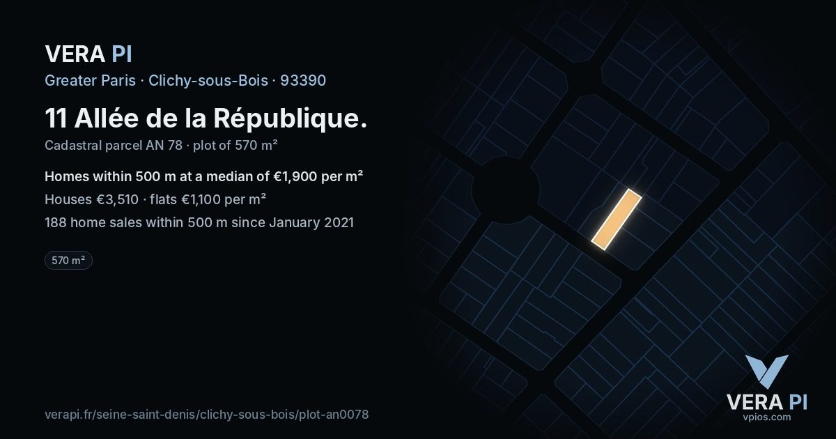 11 Allée de la République, Clichy-sous-Bois at night – the plot lit, the parcels around coloured by the prices near them