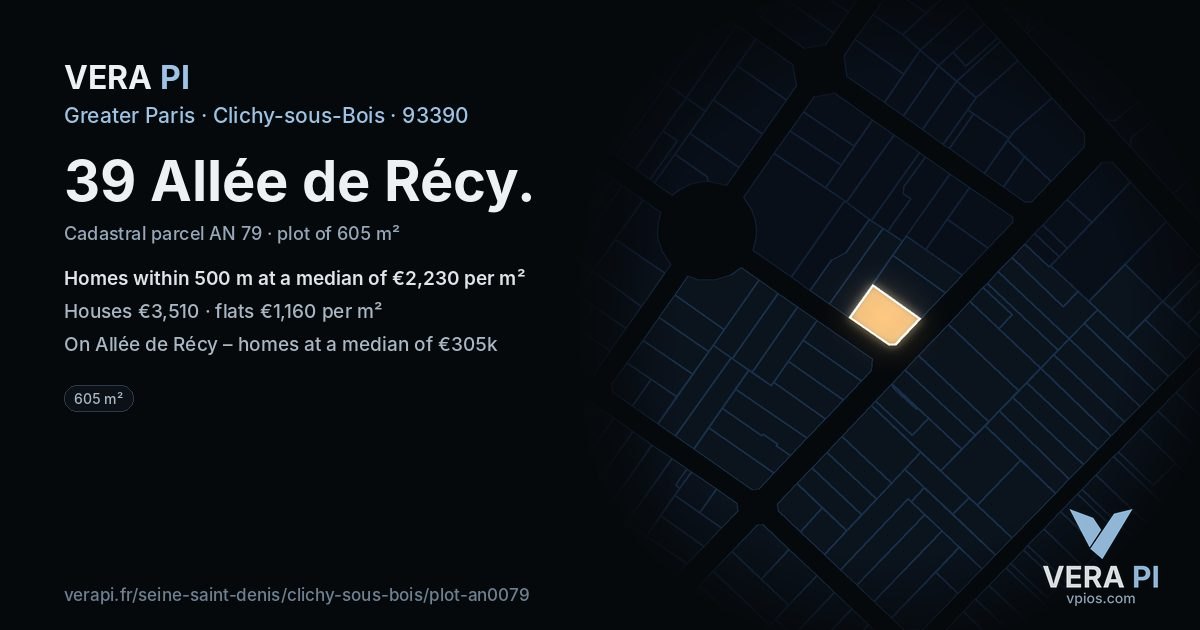 39 Allée de Récy, Clichy-sous-Bois at night – the plot lit, the parcels around coloured by the prices near them