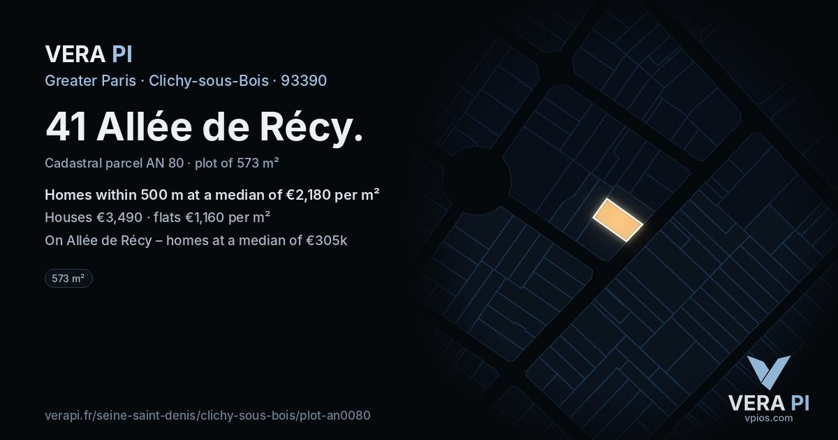 41 Allée de Récy, Clichy-sous-Bois at night – the plot lit, the parcels around coloured by the prices near them