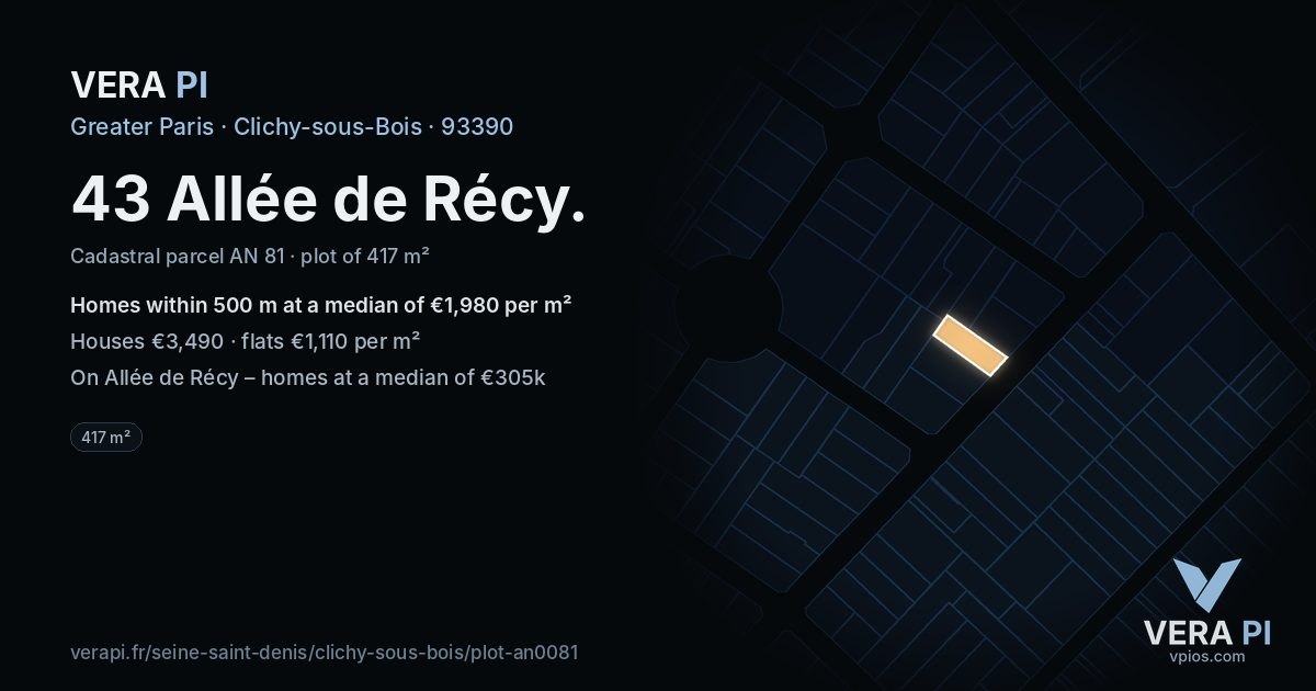 43 Allée de Récy, Clichy-sous-Bois at night – the plot lit, the parcels around coloured by the prices near them