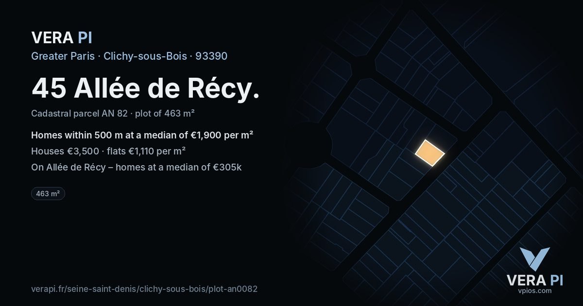 45 Allée de Récy, Clichy-sous-Bois at night – the plot lit, the parcels around coloured by the prices near them