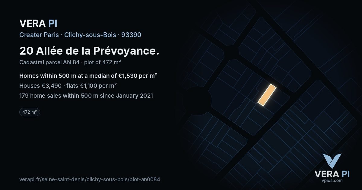 20 Allée de la Prévoyance, Clichy-sous-Bois at night – the plot lit, the parcels around coloured by the prices near them