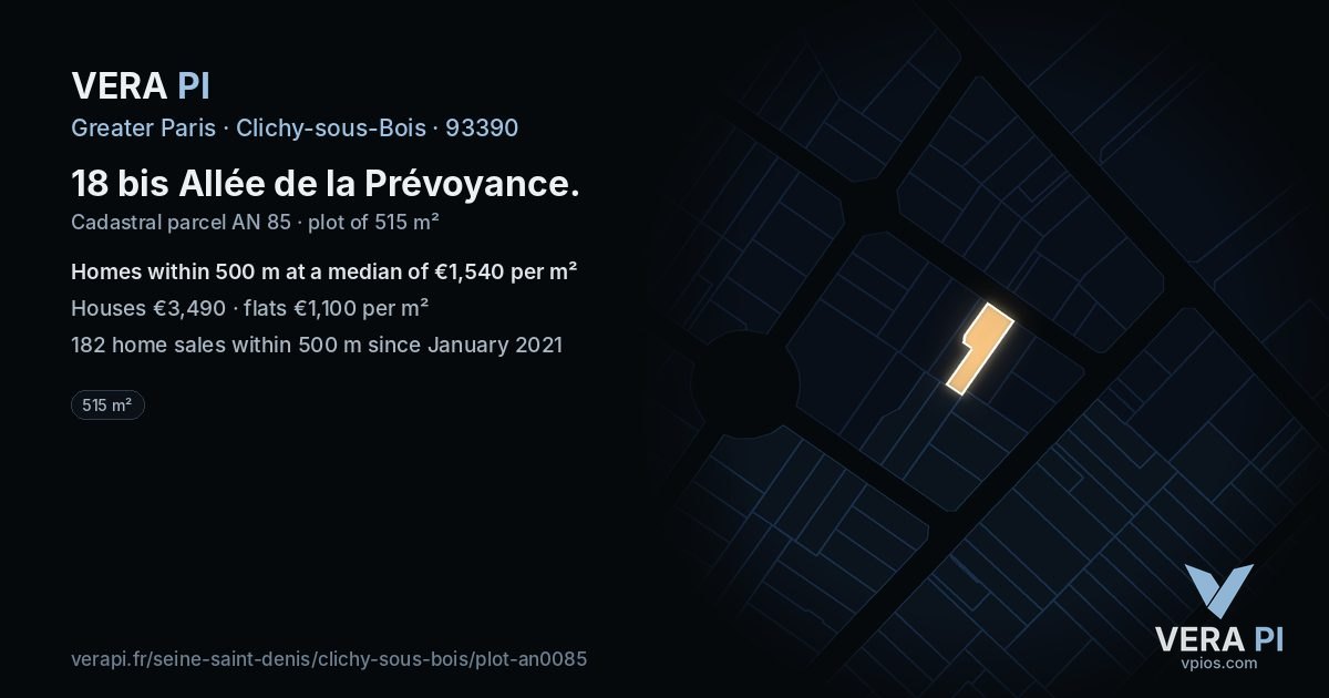 18 bis Allée de la Prévoyance, Clichy-sous-Bois at night – the plot lit, the parcels around coloured by the prices near them