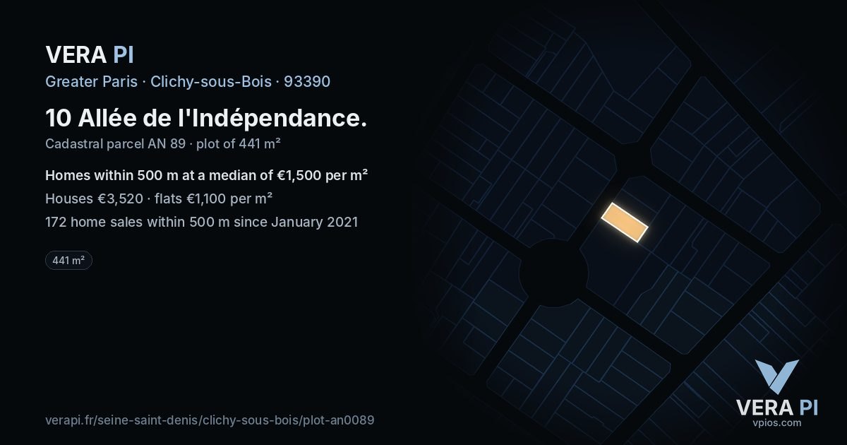10 Allée de l'Indépendance, Clichy-sous-Bois at night – the plot lit, the parcels around coloured by the prices near them