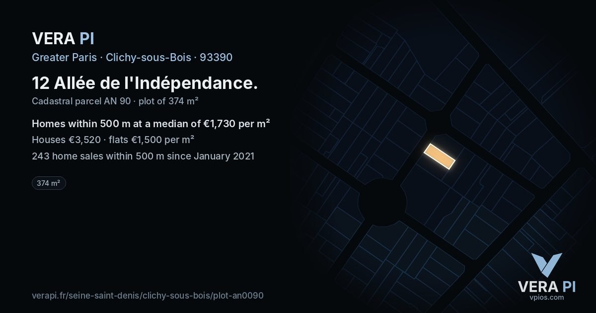 12 Allée de l'Indépendance, Clichy-sous-Bois at night – the plot lit, the parcels around coloured by the prices near them